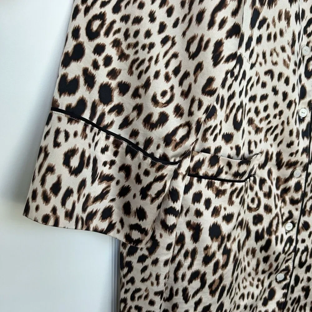 Victorias Secret Satin Sleep Shirt Womens Sz L Leopard Animal Print Button Up